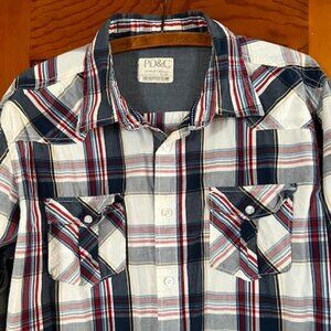 PD&C Plaid RD/ BL/WT Plaid Front Pockets Long Sleeve Men's Shirt Size XL